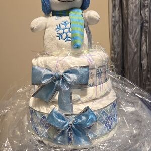 Snowman Diaper Cake with Blue Accents